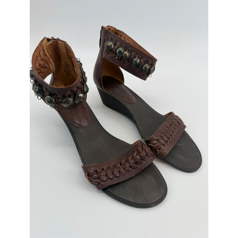 Nine West Brown American Vintage Leather Studded Braided Block Heel Sandal 7.5M